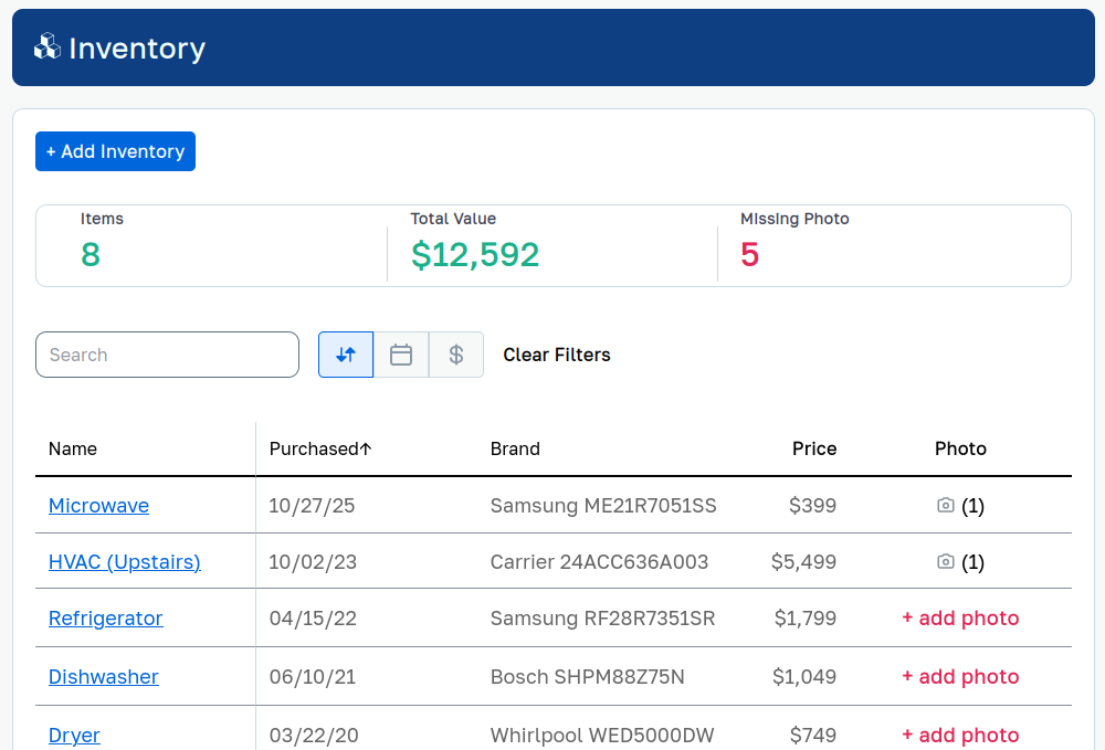Home inventory grid view showing tracked household items
