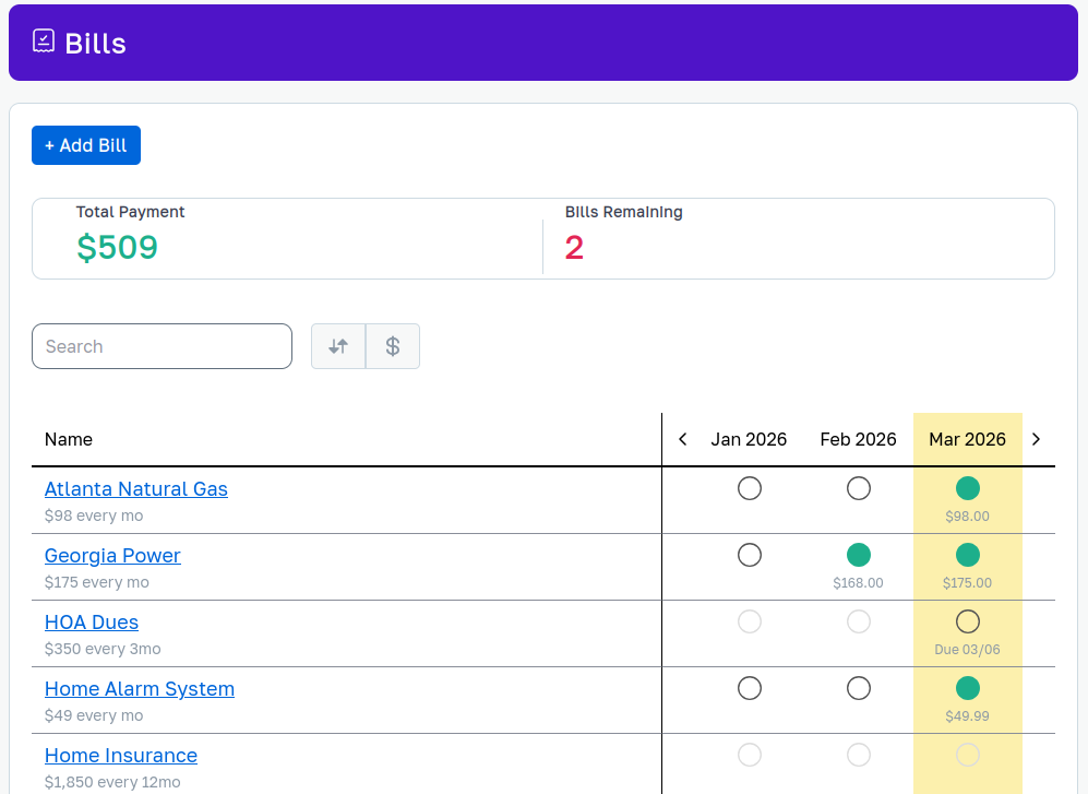 Recurring bills list showing upcoming payment dates and amounts