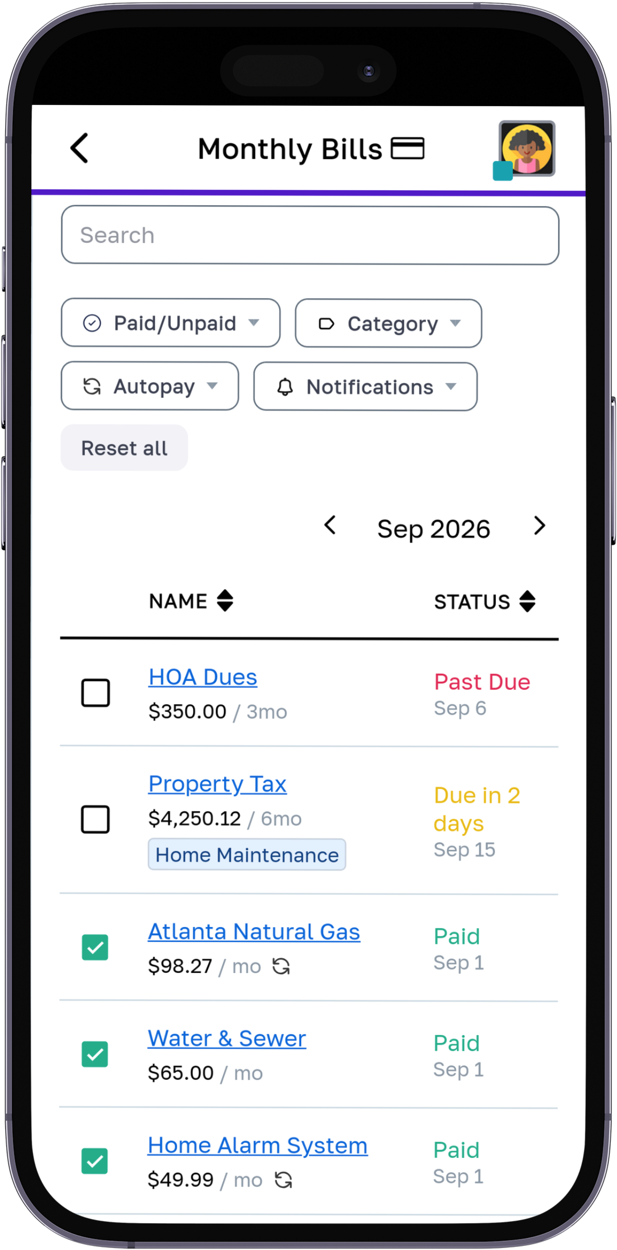 Recurring bills list showing upcoming payment dates and amounts