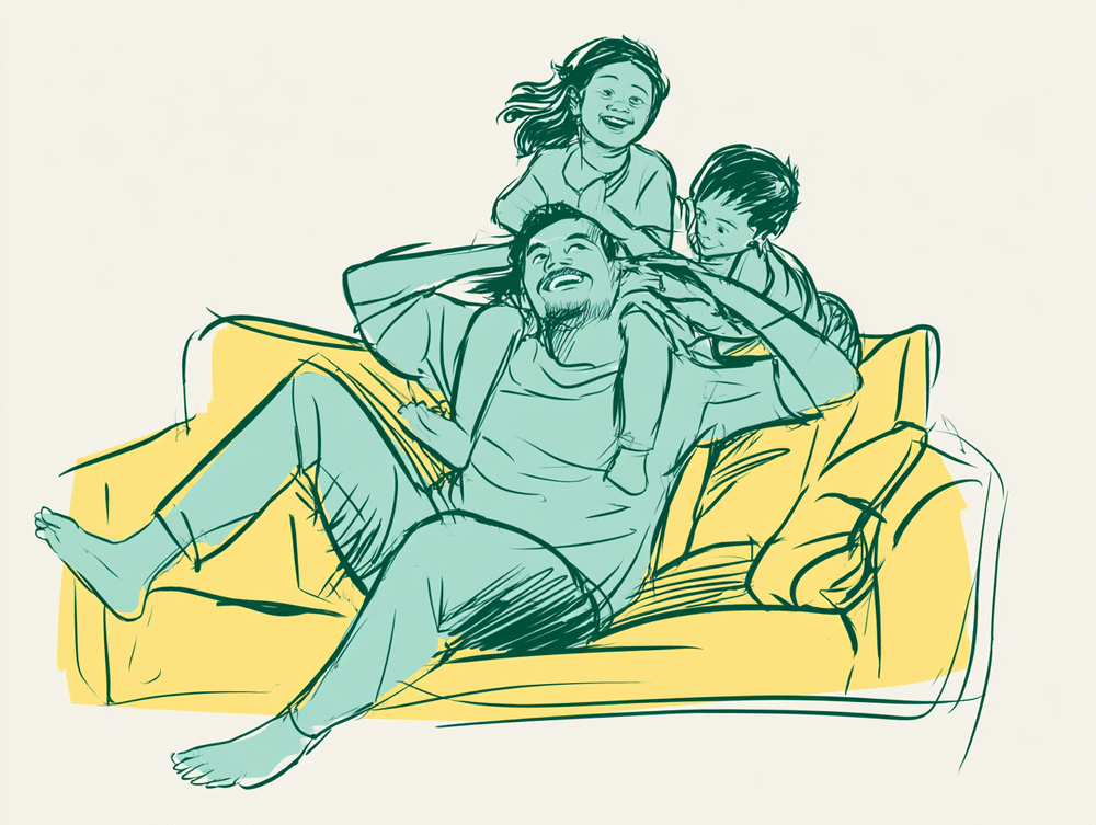 A parent relaxing on the couch with their two children